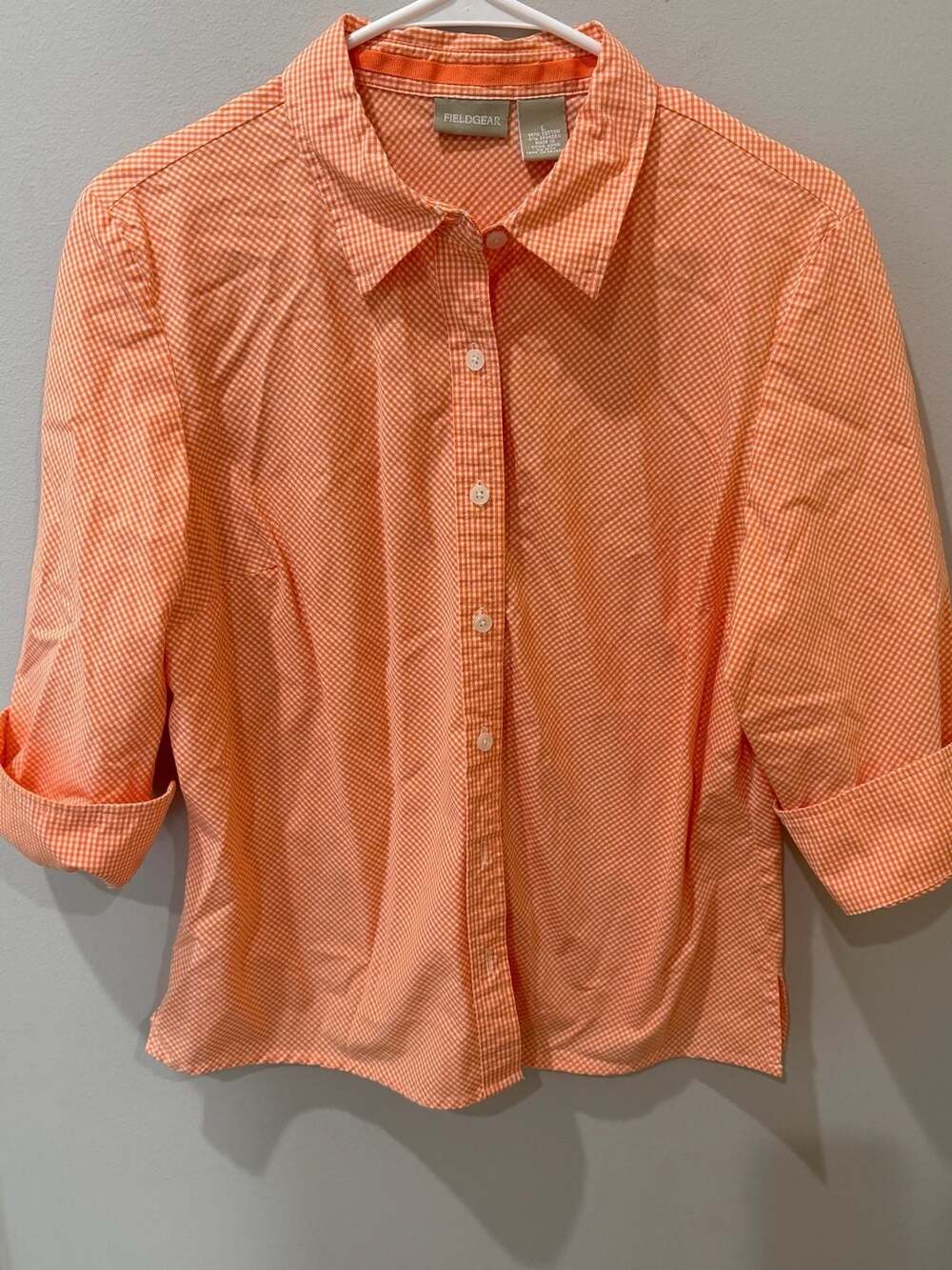 Orange and White Gingham 3/4 Roll-Tab Sleeve Button Down Shirt - size L